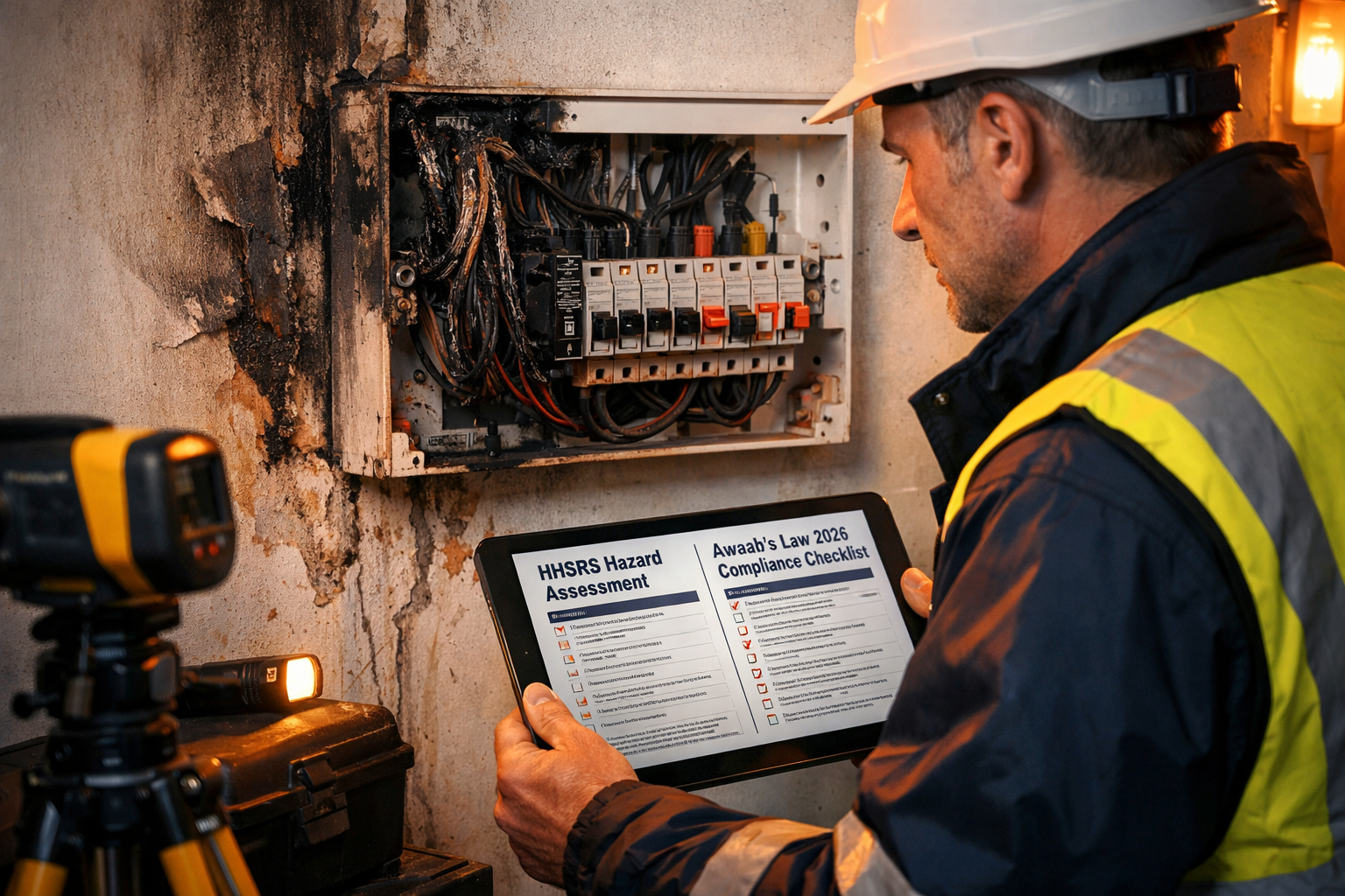 Wide-angle editorial photograph of a professional building surveyor examining a damaged electrical fuse board and scorched