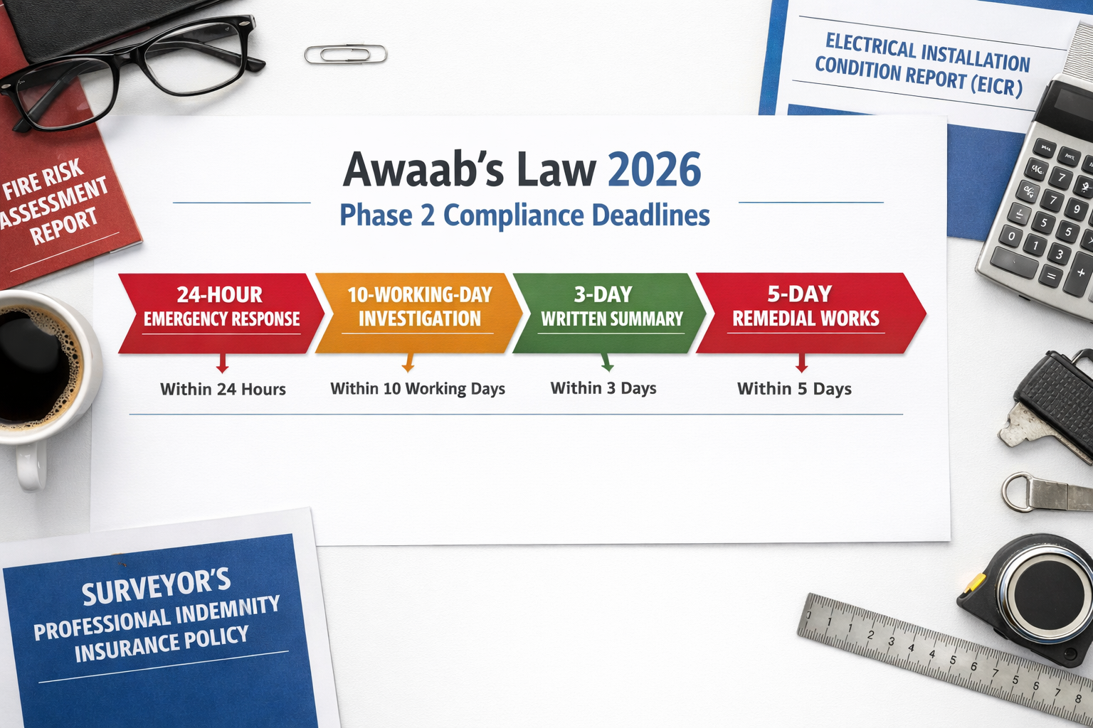 Flat-lay infographic style overhead shot of a professional desk showing a structured timeline diagram with key Awaab's Law