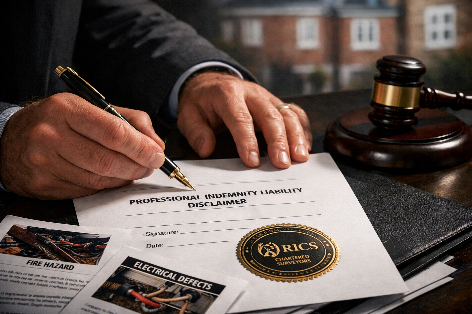 Close-up editorial photograph of a chartered surveyor's hands signing a professional indemnity liability disclaimer document