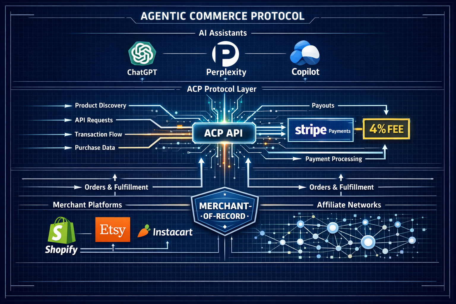 () editorial image showing detailed technical diagram of Agentic Commerce Protocol architecture. Visual displays three-layer
