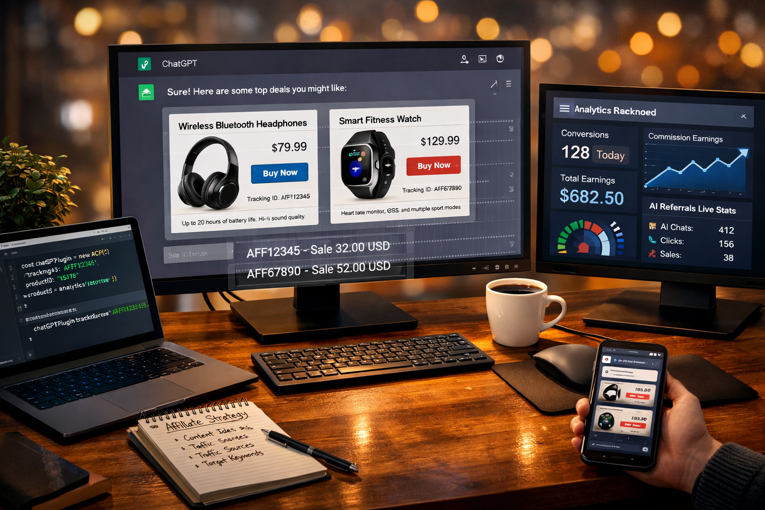 () image depicting modern affiliate marketer workspace with multiple screens showing AI chat interface integration. Main