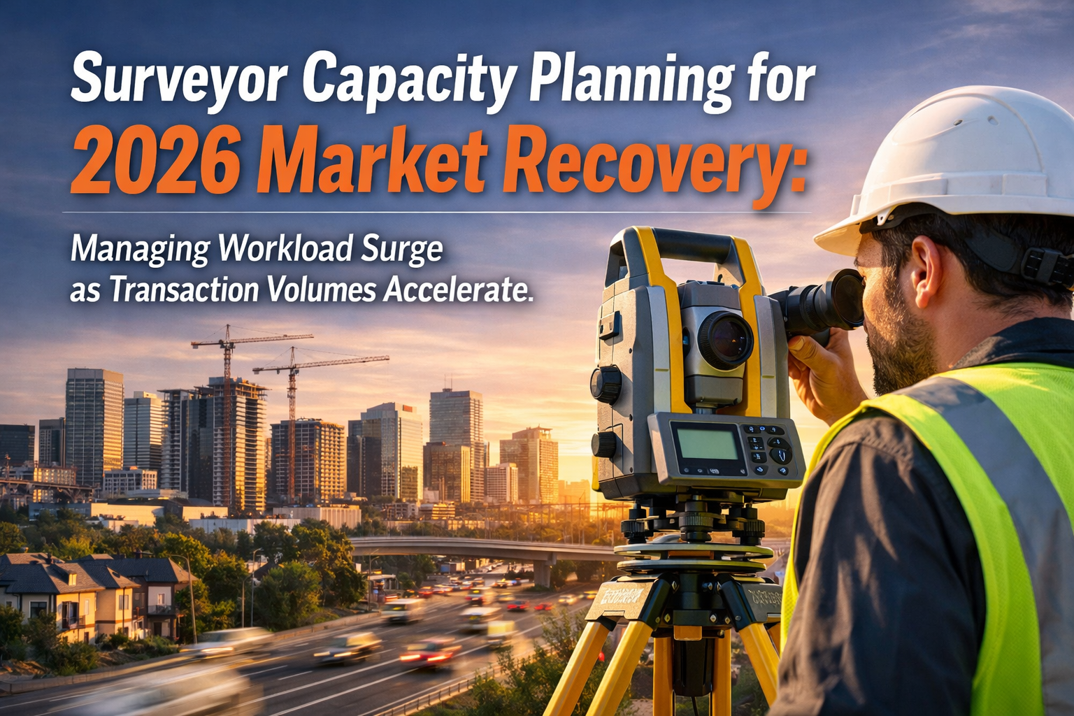 Professional landscape hero image () with : "Surveyor Capacity Planning for 2026 Market Recovery: Managing Workload Surge as