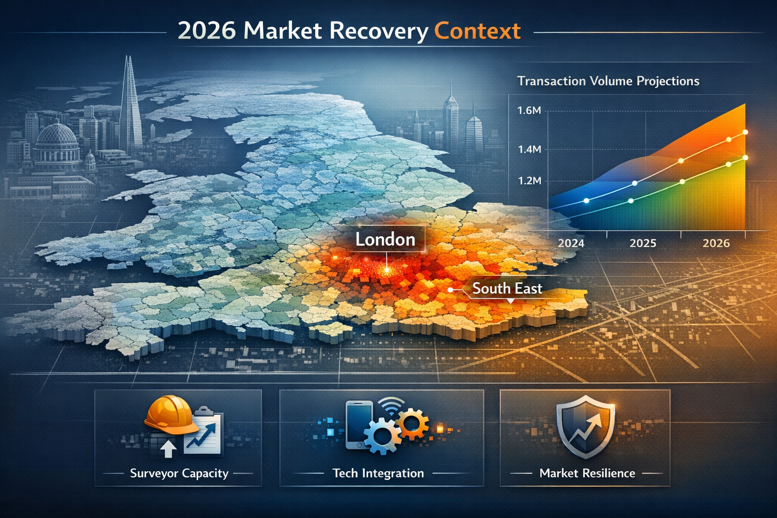A sophisticated data visualization representing '2026 Market Recovery Context' with a multi-layered geographical map of the