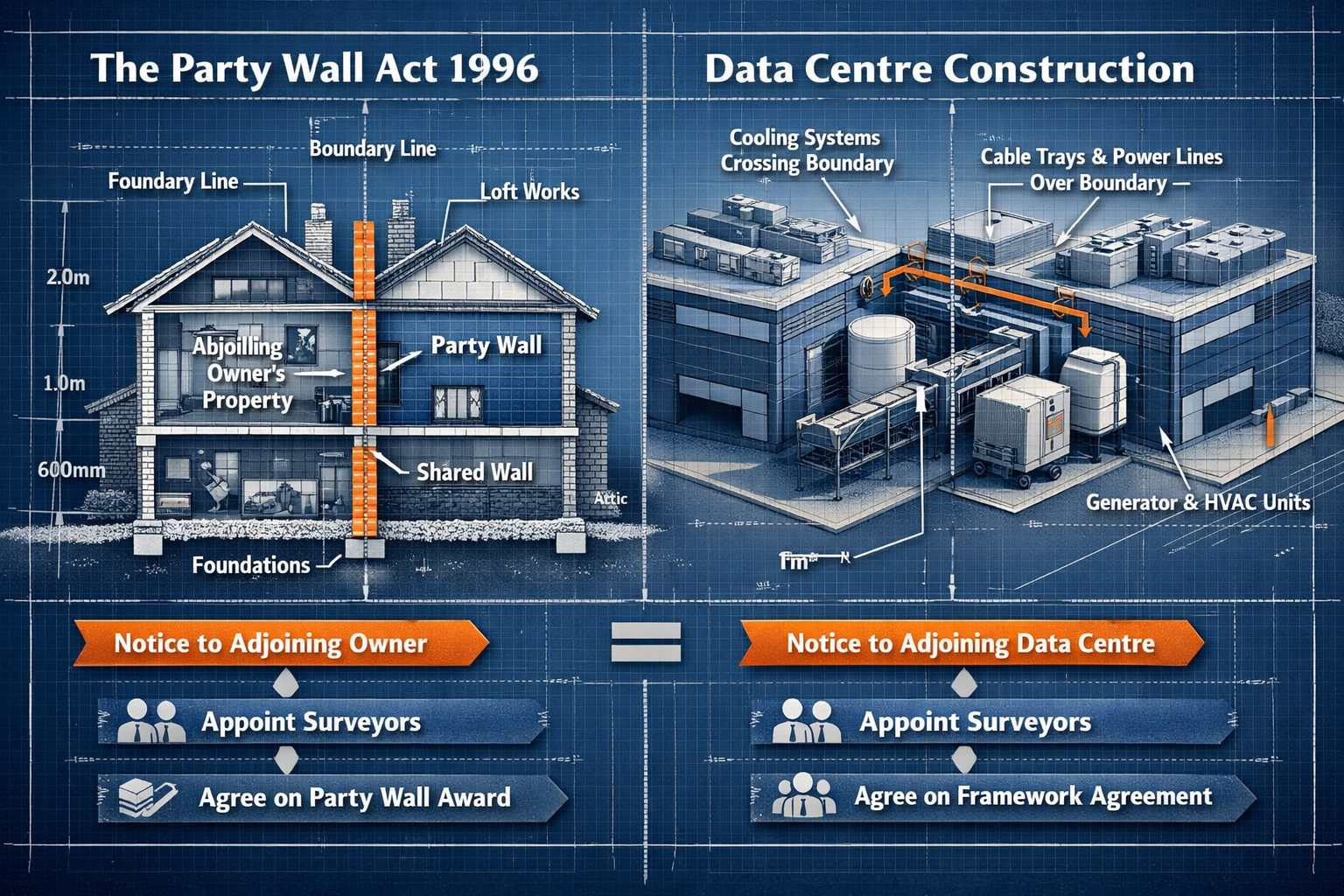 () detailed infographic showing Party Wall Act 1996 framework applied to data centre construction, split-screen composition
