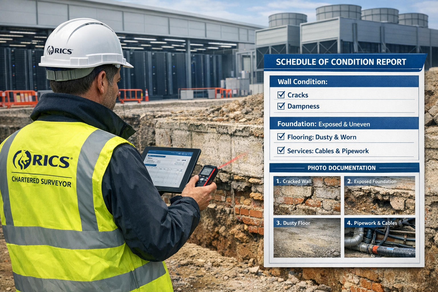 () professional photograph of RICS chartered surveyor conducting schedule of condition assessment at data centre site,
