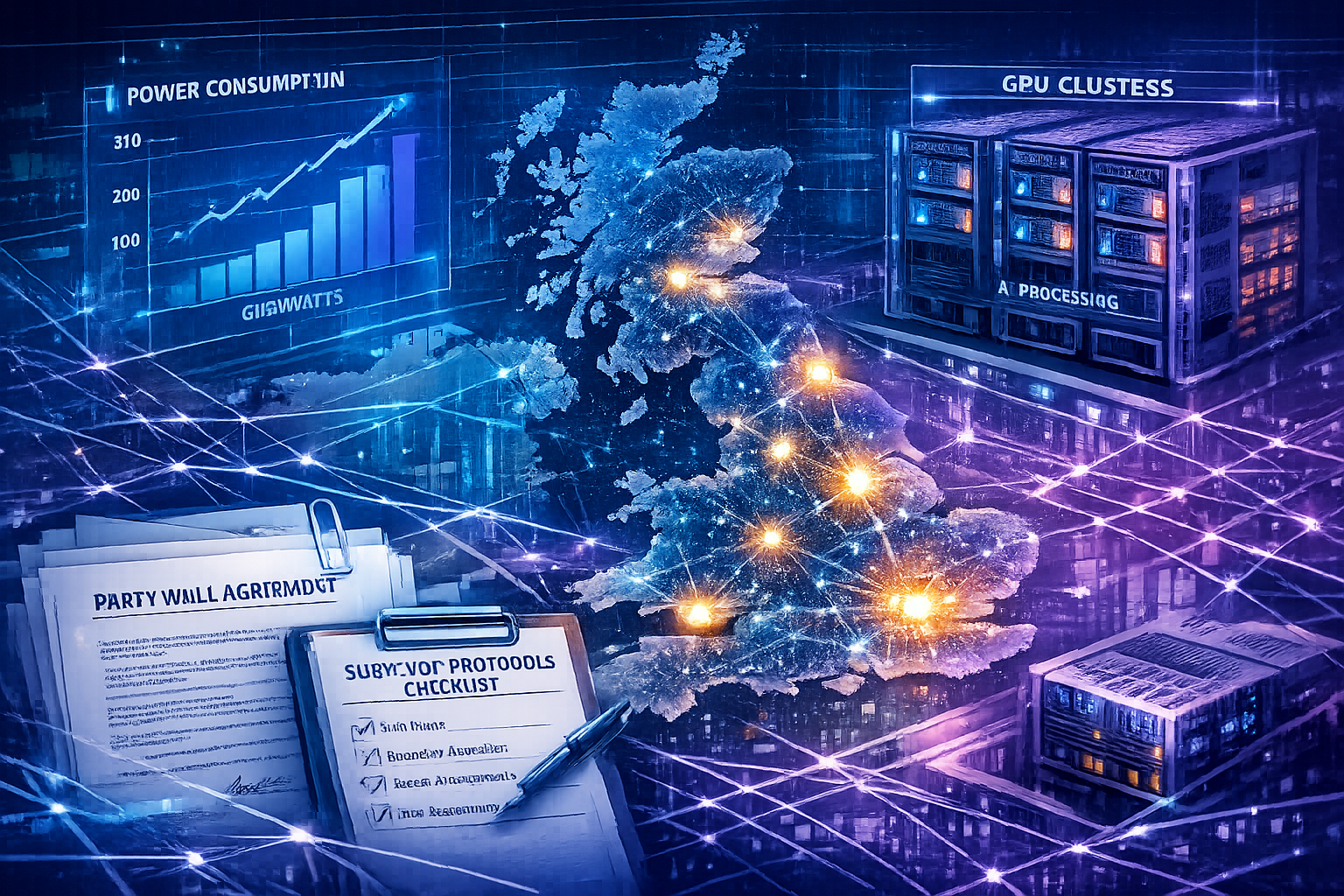 () conceptual illustration showing AI boom impact on UK data centre development, map of United Kingdom with glowing nodes