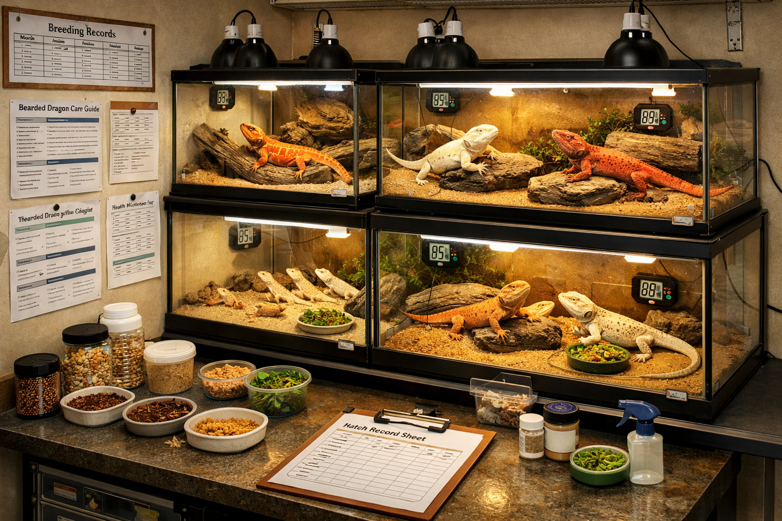 Professional breeding facility interior showing multiple glass terrariums with healthy bearded dragons in various morphs, proper UVB lightin
