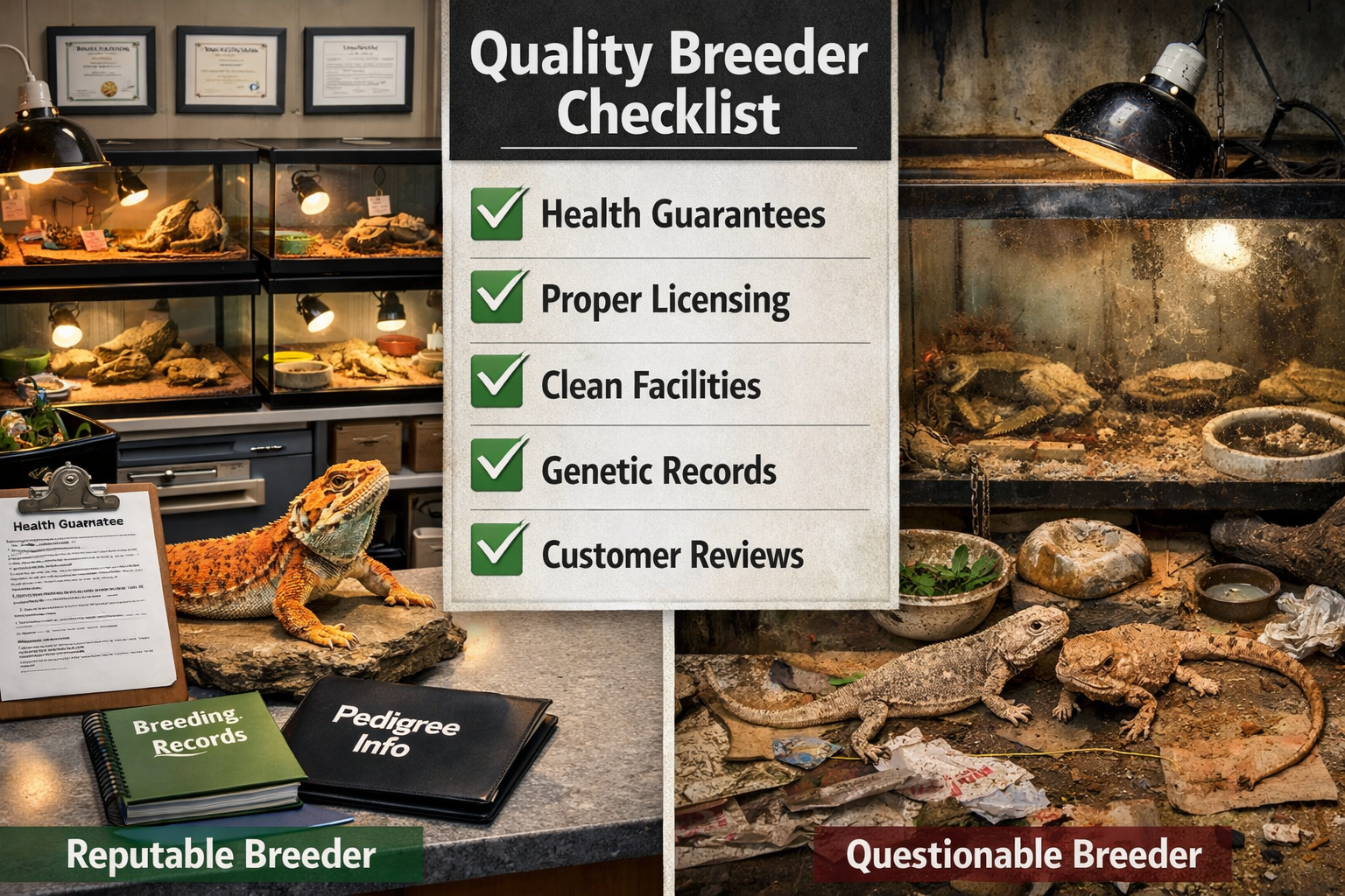 Split-screen comparison showing reputable breeder facility on left (clean, organized, healthy dragons, proper documentation) versus question