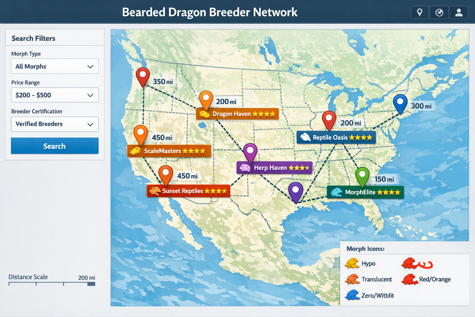 Interactive map visualization showing network of verified bearded dragon breeders across different regions, with location pins, distance mar
