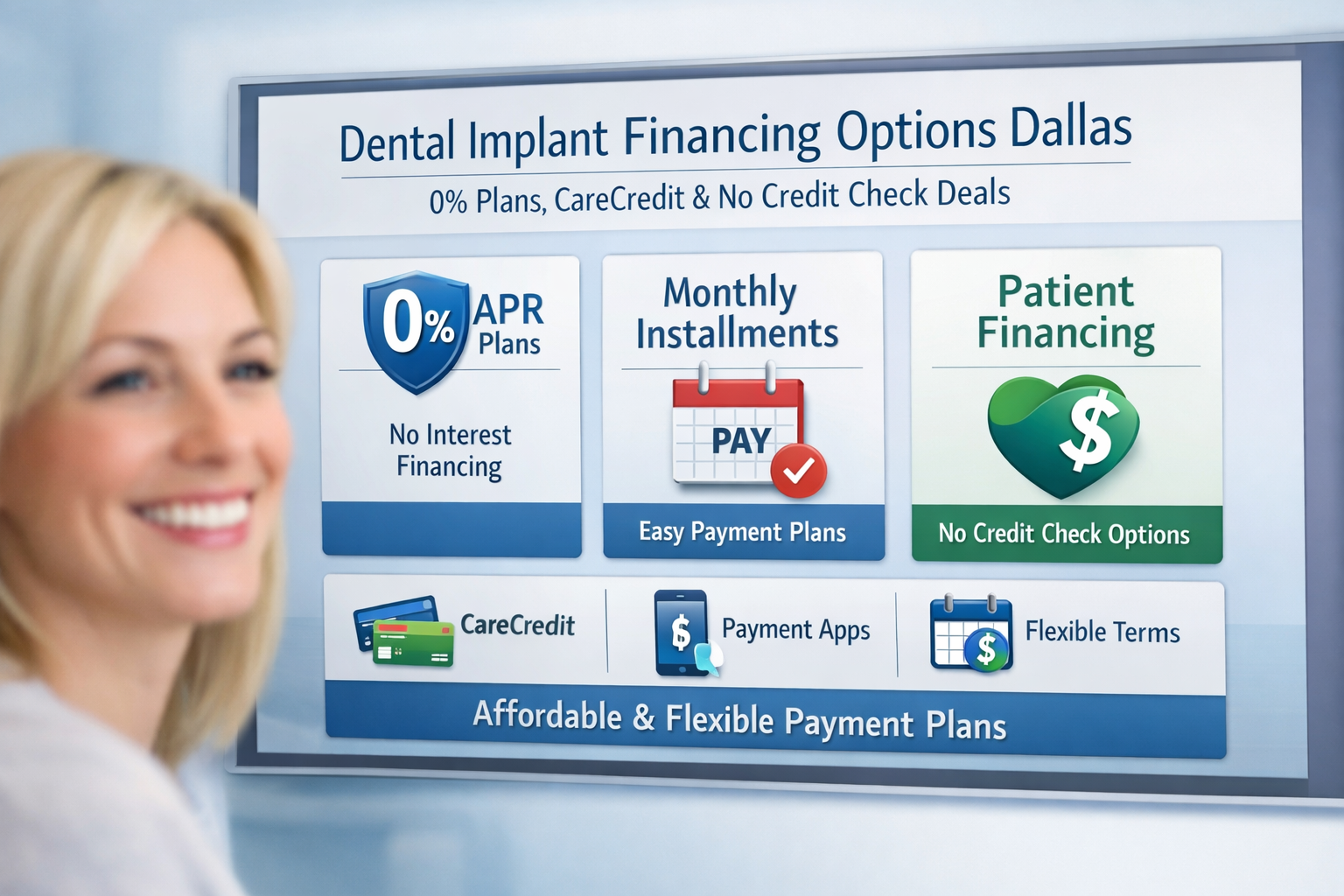 Landscape format (1536x1024) image illustrating various payment plan options for dental implants in Dallas. The image should feature a digit