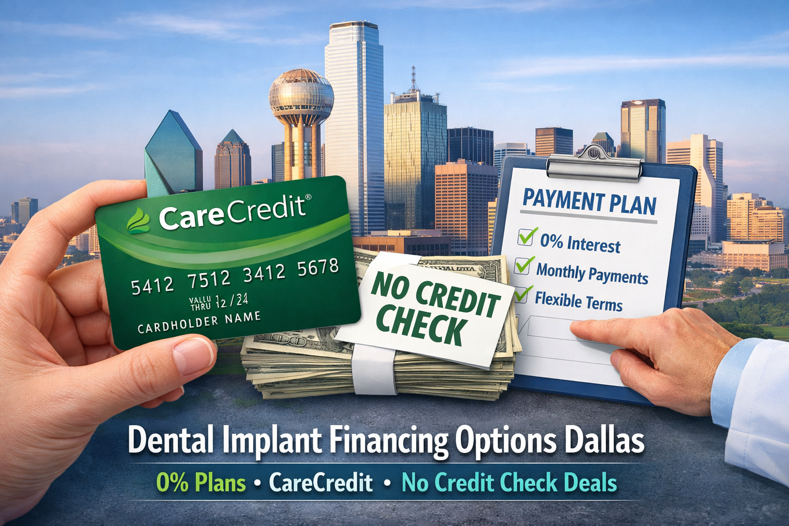 Landscape format (1536x1024) image focusing on CareCredit and alternative financing solutions for dental implants in Dallas. The central ele