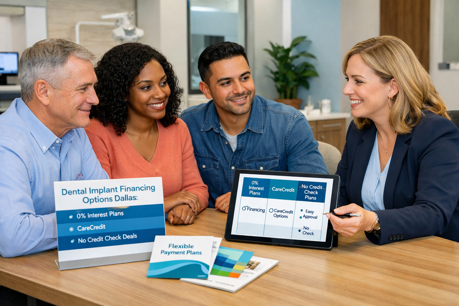 Landscape format (1536x1024) image depicting the process of choosing the right dental implant financing in Dallas. The image shows a diverse