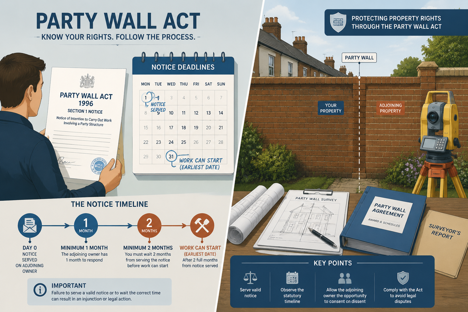Wide-angle editorial illustration showing a split-scene: on the left, a homeowner holding official Party Wall Act notice
