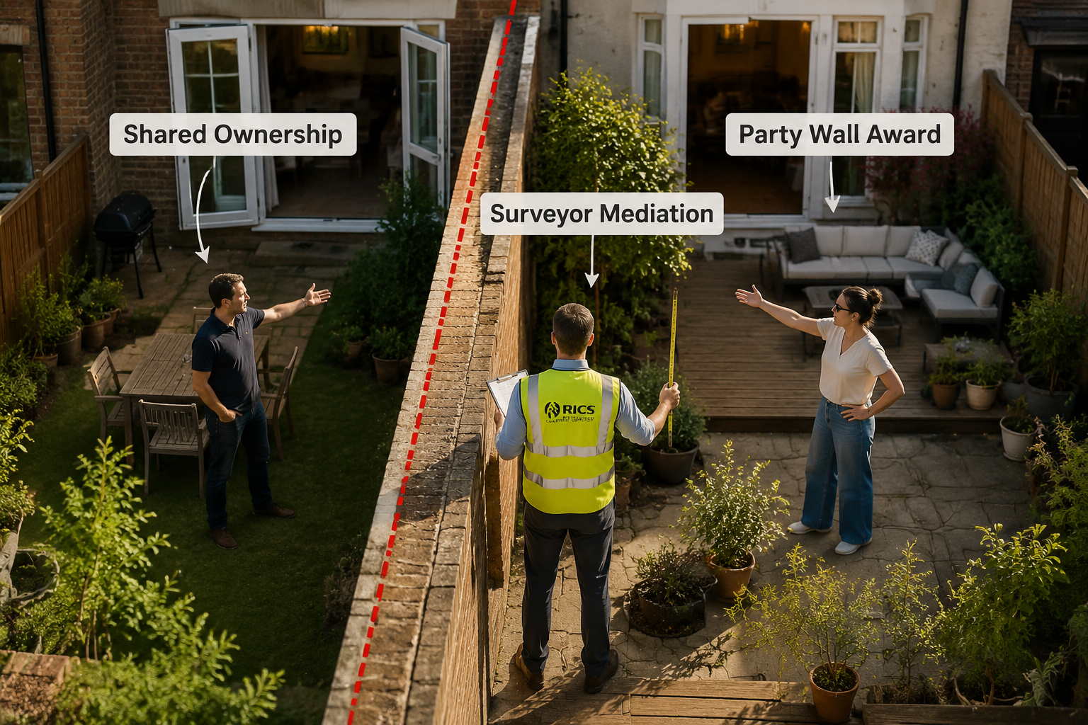 Aerial drone-style perspective photograph of two adjoining terraced house gardens separated by a shared boundary wall, with