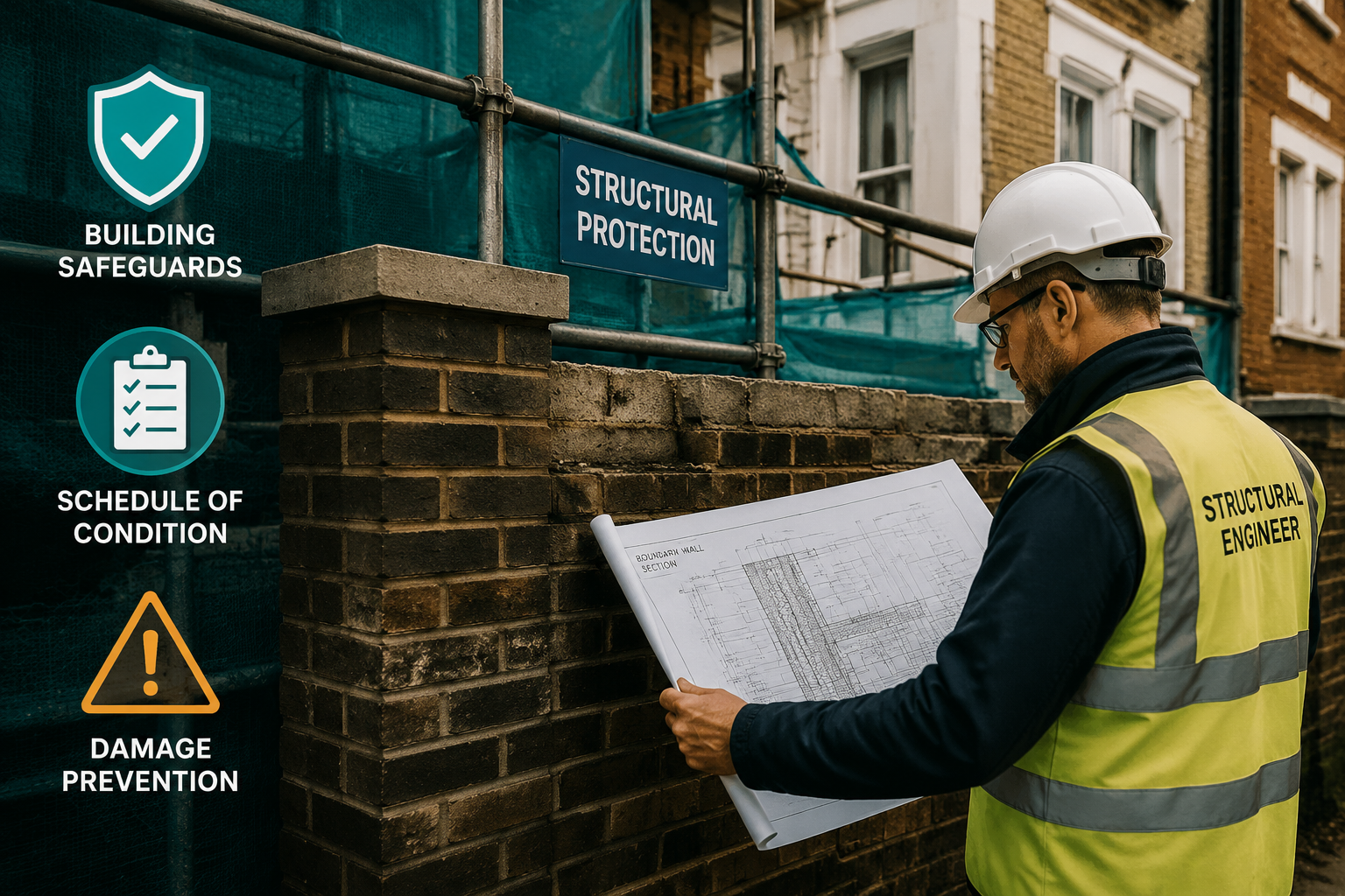 Close-up editorial photograph of a brick garden boundary wall under construction with scaffolding, safety netting, and a