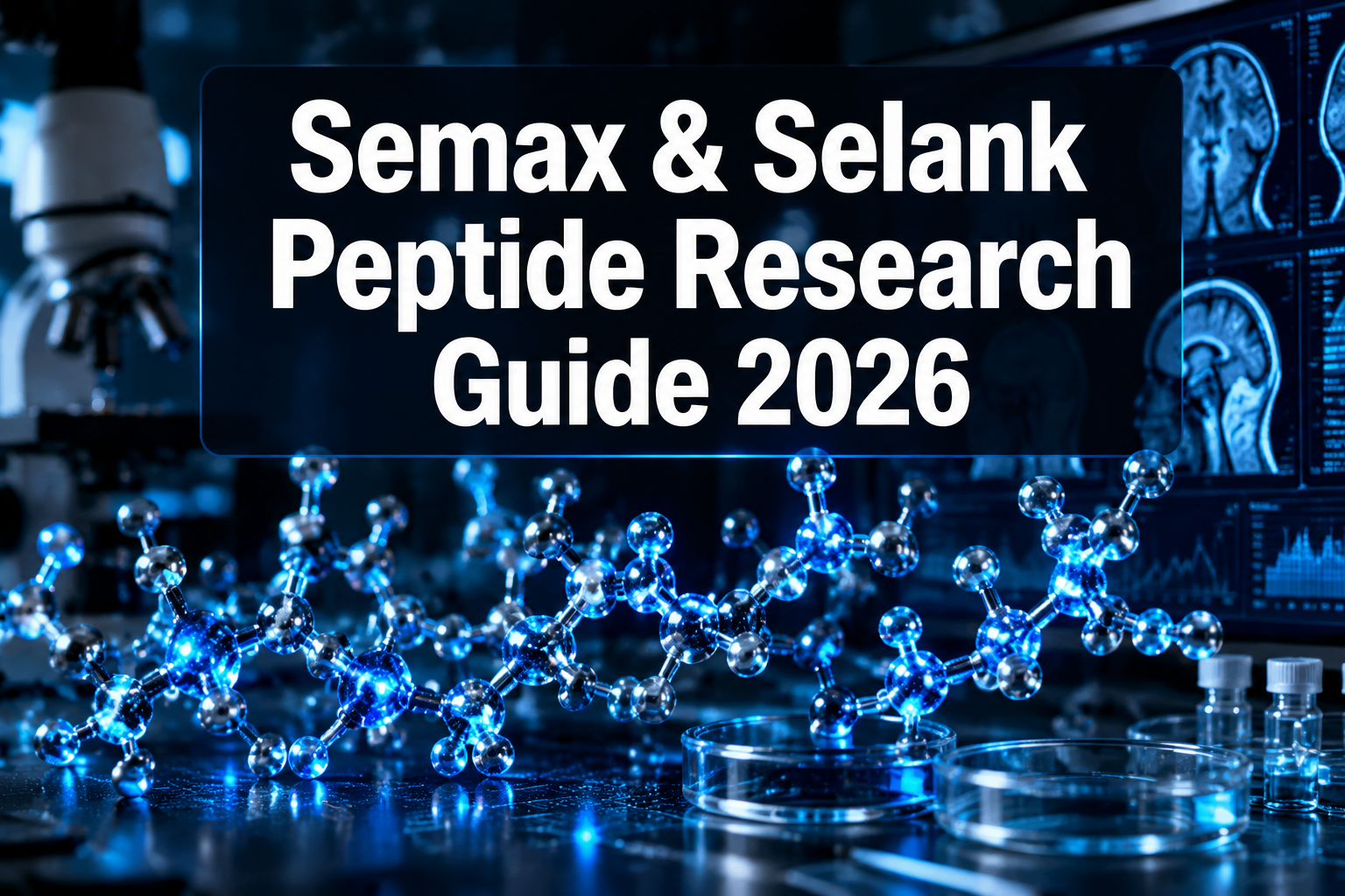 Professional () hero image featuring 'Semax & Selank Peptide Research Guide 2026' in extra large white with dark