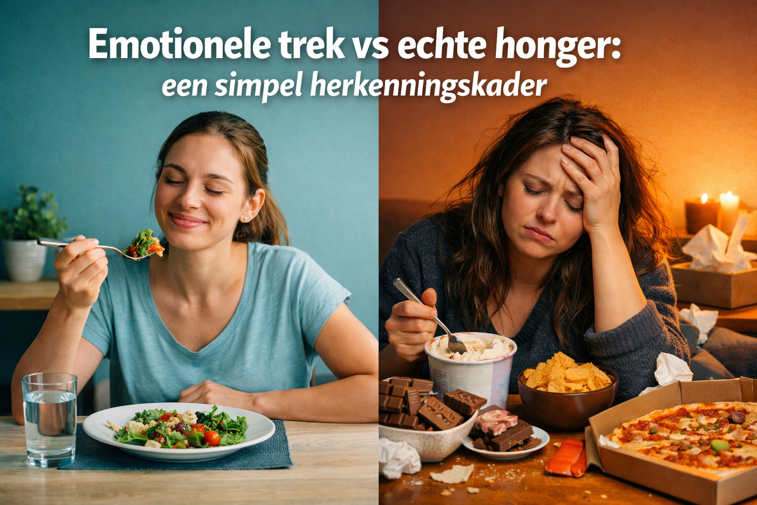 Professional landscape format (1536x1024) hero image featuring bold text overlay 'Emotionele trek vs echte honger: een simpel herkenningskad