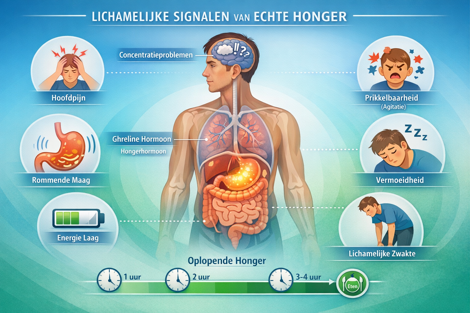 Landscape format (1536x1024) detailed visual guide showing physical body signals of real hunger. Central figure of person with transparent o