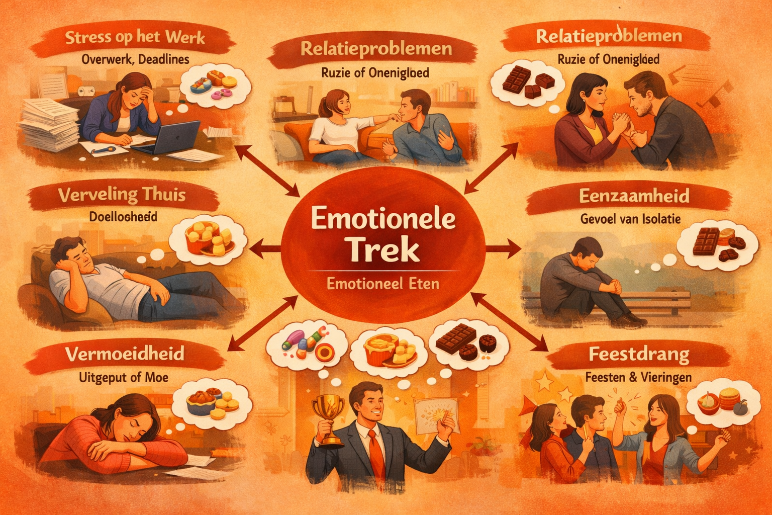 Landscape format (1536x1024) comprehensive emotional triggers map showing various situations leading to emotional eating. Central hub labele