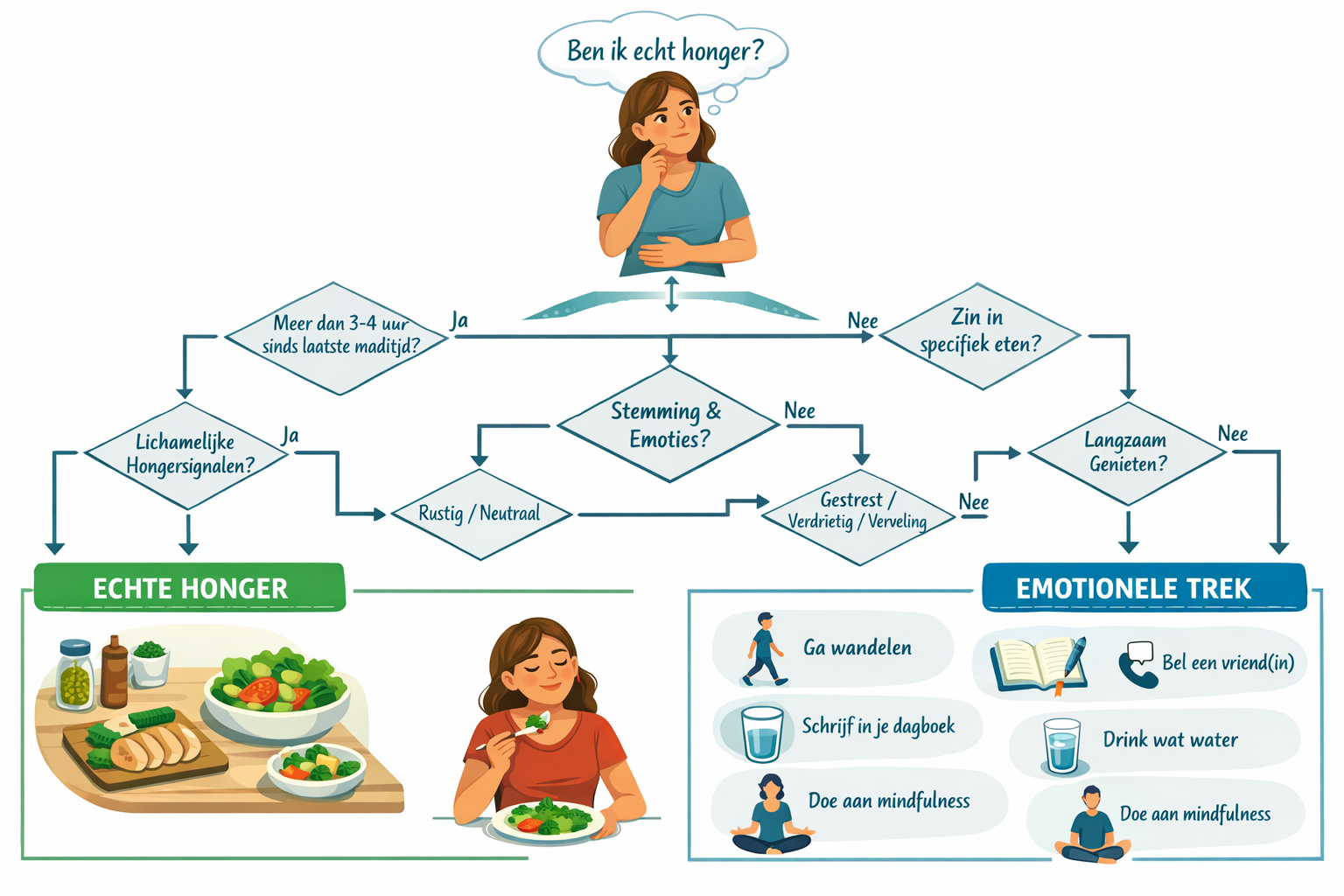 Landscape format (1536x1024) practical decision-making flowchart for hunger recognition. Top section shows person experiencing hunger urge w