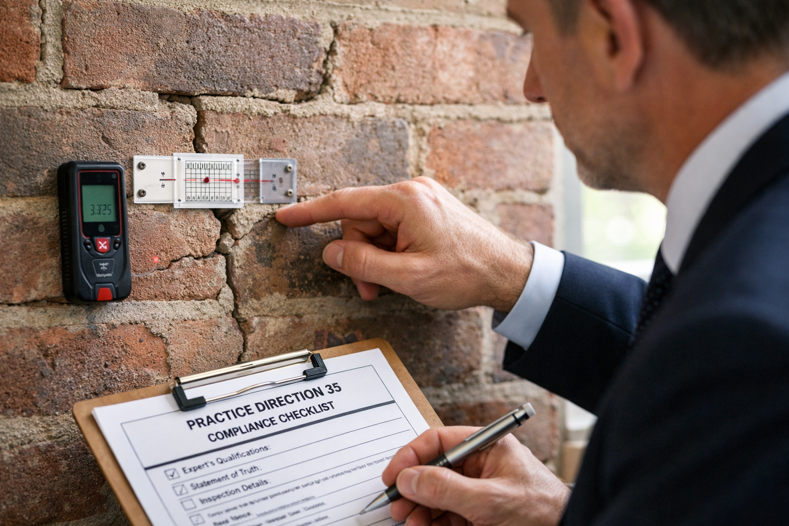 Detailed () image showing professional surveyor in formal attire conducting detailed party wall inspection, examining shared