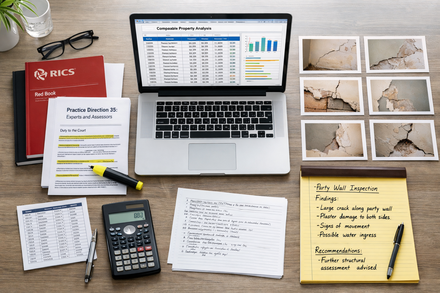 Wide-angle () image of organized expert witness report preparation workspace showing open laptop displaying valuation