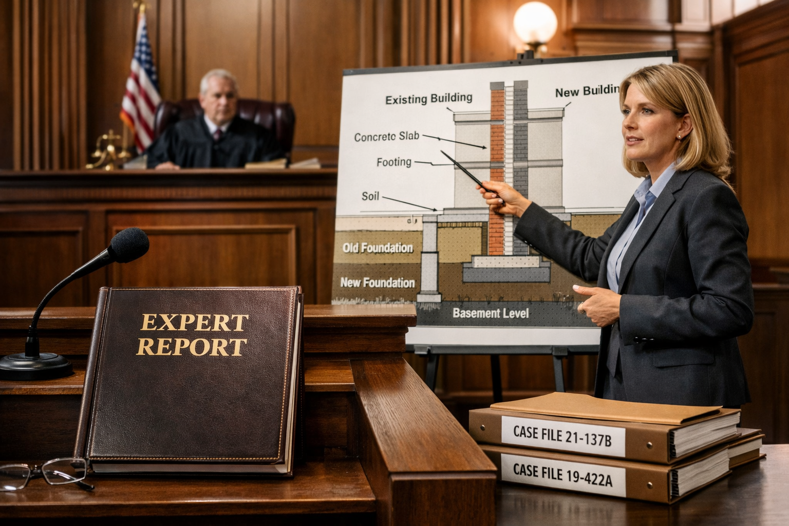 () courtroom perspective image showing expert witness stand in foreground with leather-bound expert report prominently