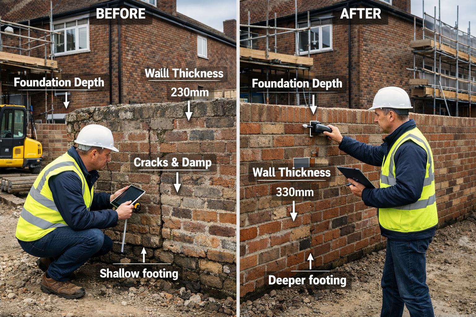 () detailed scene showing professional party wall surveyor conducting inspection at shared boundary wall between two