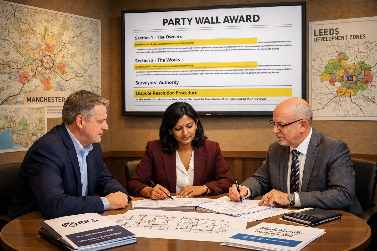 () professional meeting scene in modern Northern England planning office showing dispute resolution process. Round table