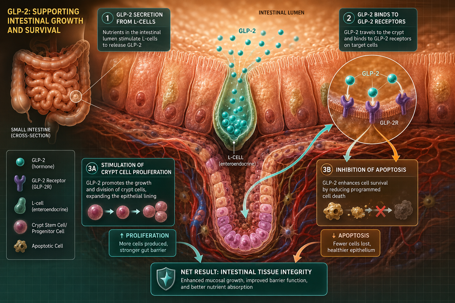 Detailed () scientific illustration showing GLP-2 hormone molecules being secreted from enteroendocrine L-cells in the