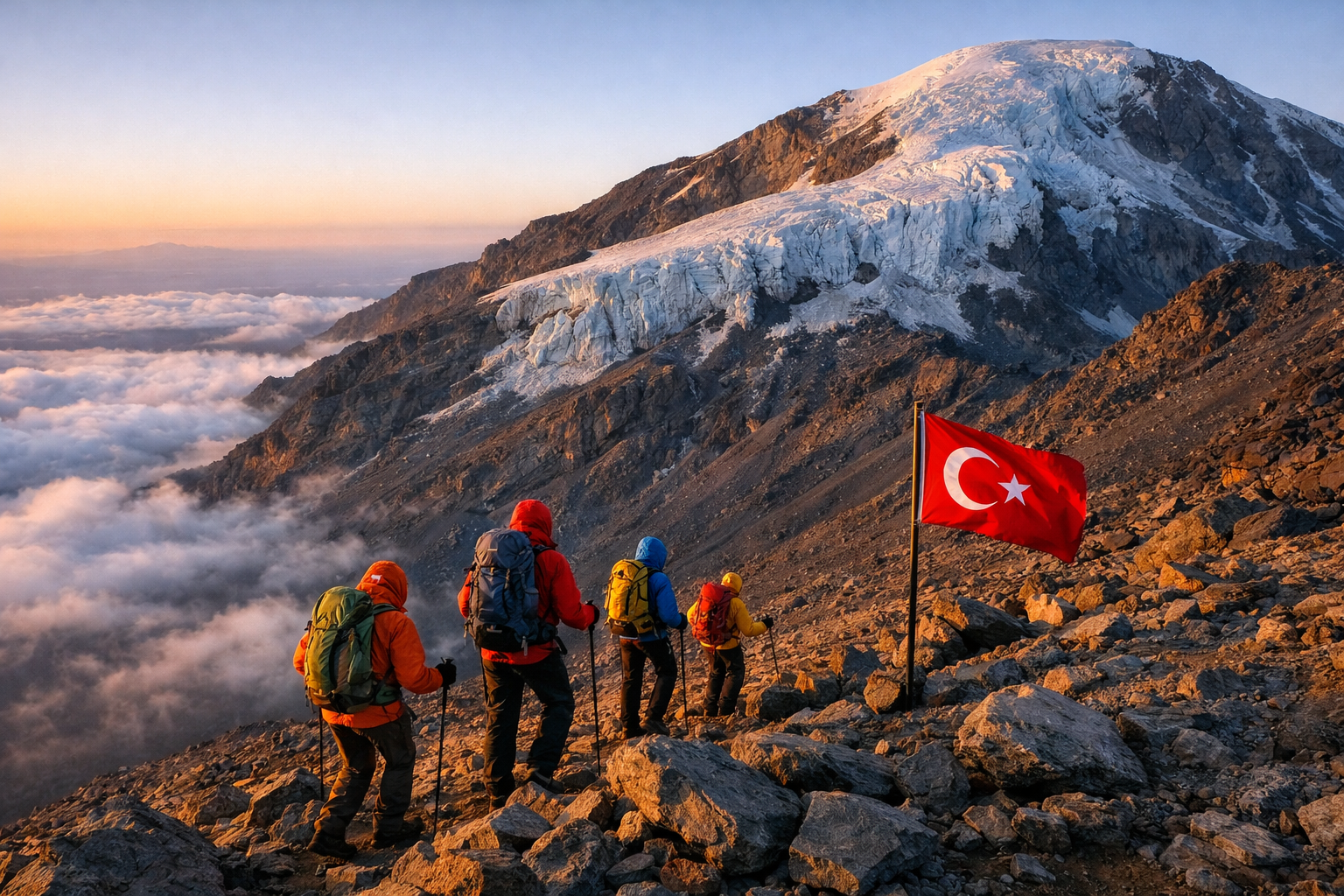 () editorial photograph of hikers ascending Mount Ararat's rocky slopes at dawn, wearing colorful gear against a backdrop of