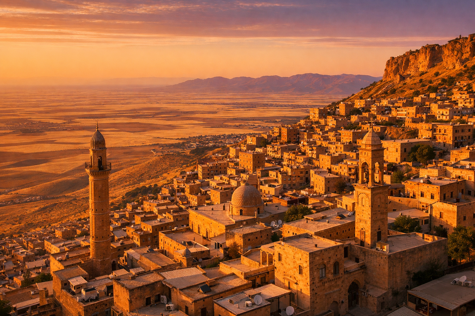 () aerial view of the golden Mesopotamian plains of southeastern Turkey at sunset, showing the ancient honey-colored stone