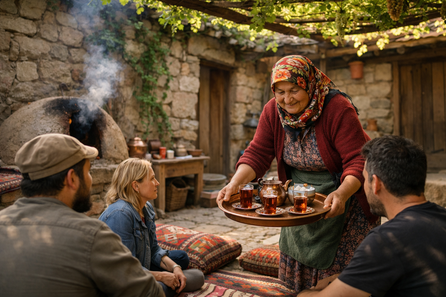 () intimate documentary-style photograph of a traditional Eastern Turkish village courtyard scene: an elderly woman in