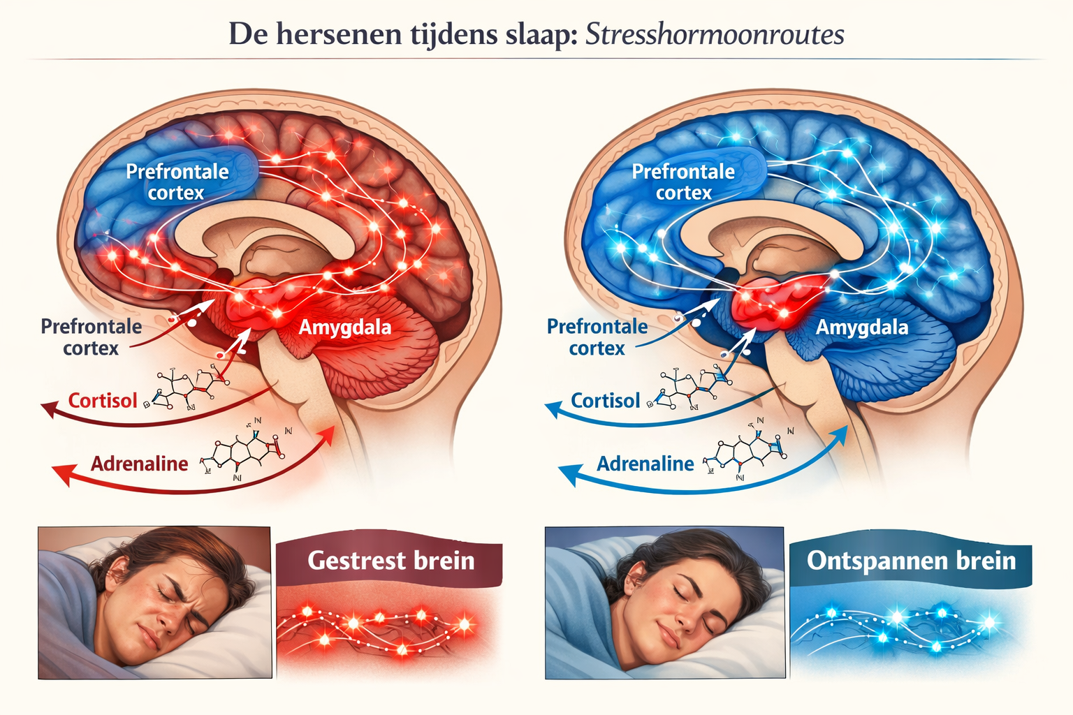 Landscape format (1536x1024) cutaway illustration of human brain during sleep showing stress hormone pathways. Depicts amygdala highlighted