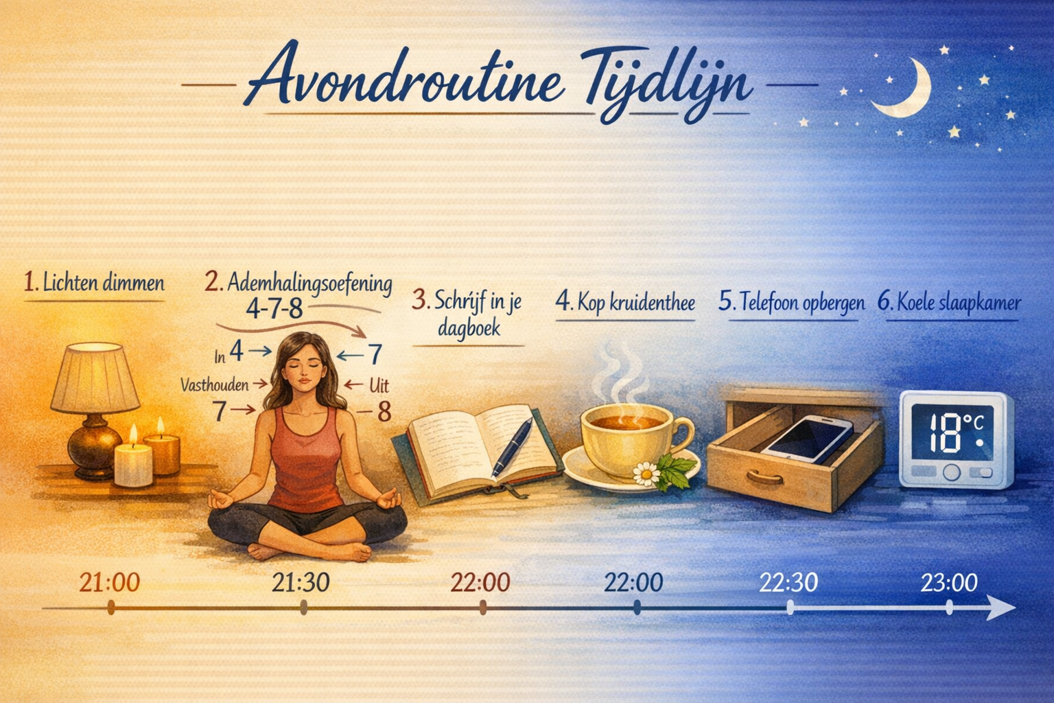 Landscape format (1536x1024) step-by-step visual guide showing evening wind-down routine timeline from 21:00 to 23:00. Illustrated timeline