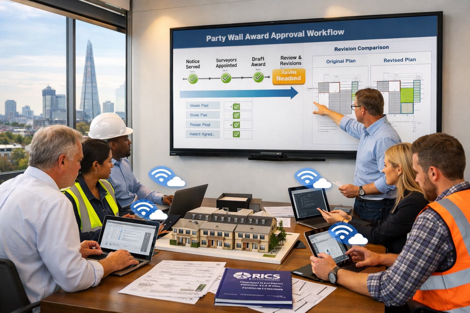 Wide-angle () photograph of diverse construction team meeting in modern glass-walled conference room, large wall-mounted