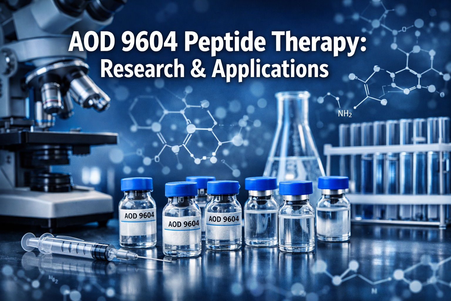 Professional landscape hero image (1536x1024) featuring bold text overlay 'AOD 9604 Peptide Therapy: Research & Applications' in extra large
