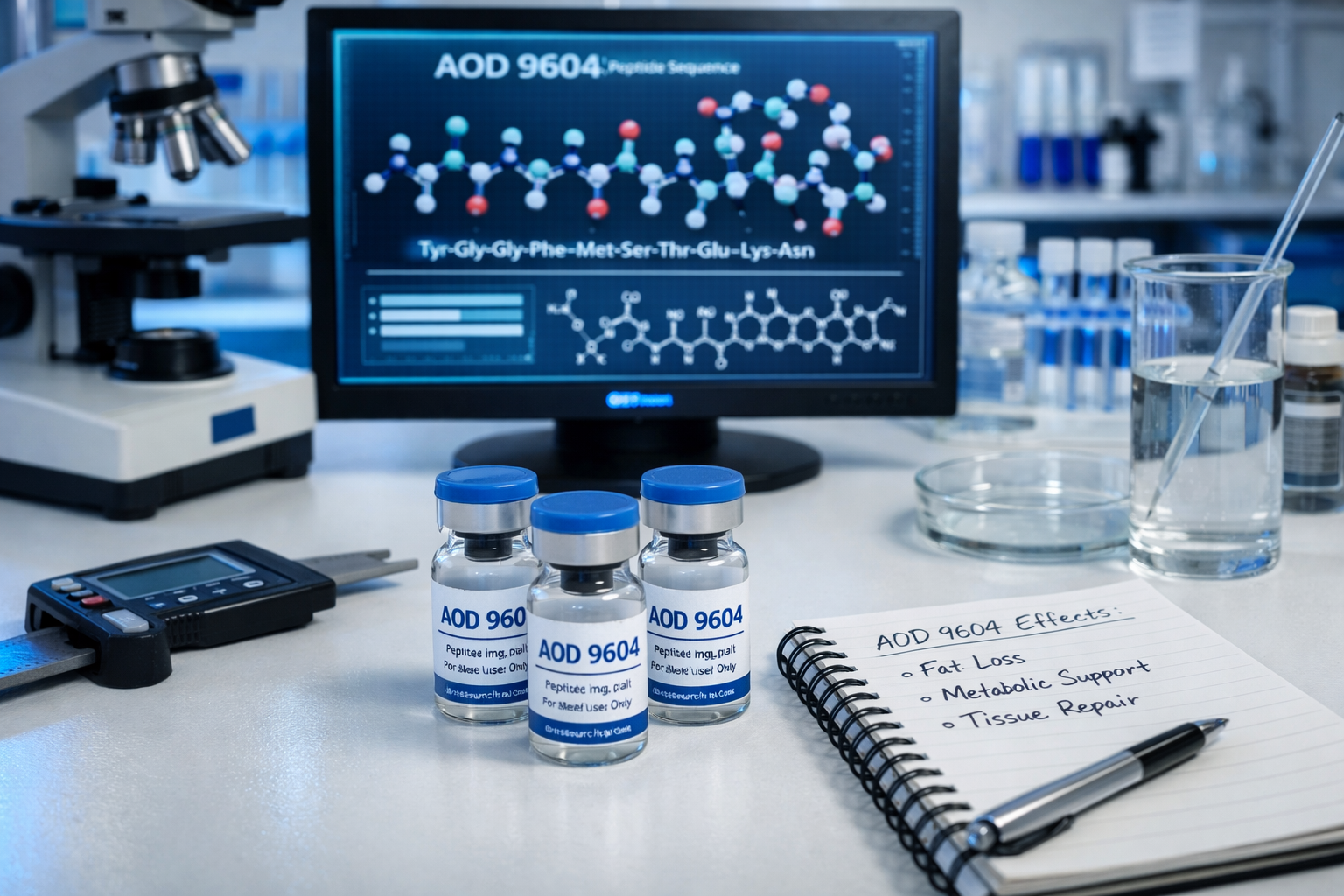 Scientific laboratory scene showing AOD 9604 peptide vials with clear labels, molecular structure diagram on digital screen, research notes,