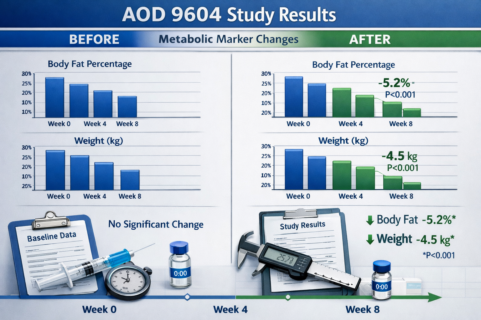 Split-screen composition showing before/after research data charts for AOD 9604 studies, with bar graphs displaying metabolic markers, timel