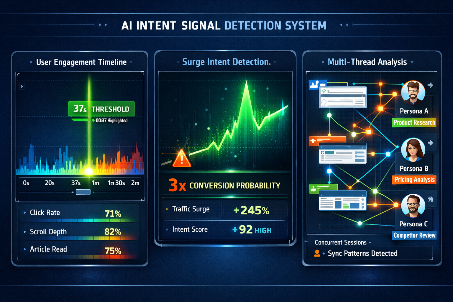Detailed () illustration showing AI intent signal detection system in action. Central focus on three-panel dashboard