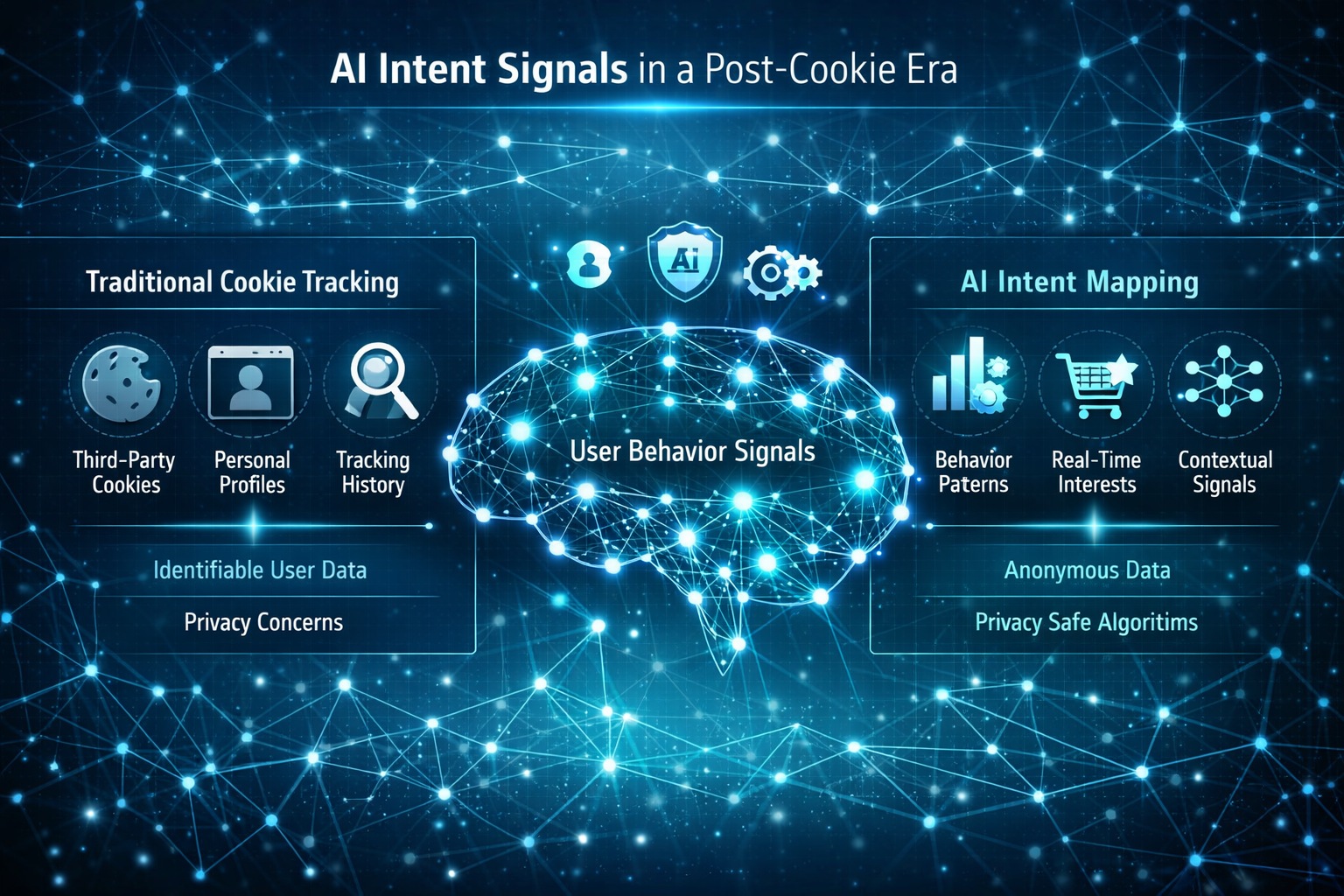 Editorial-style infographic visualizing AI intent signals in post-cookie digital ecosystem, featuring translucent network