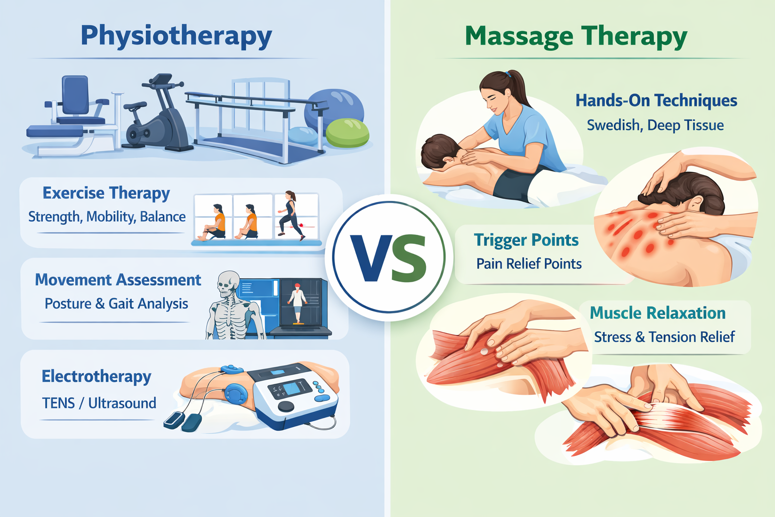 Detailed landscape (1536x1024) comparison infographic showing physiotherapy vs massage therapy approaches. Left side displays medical rehabi
