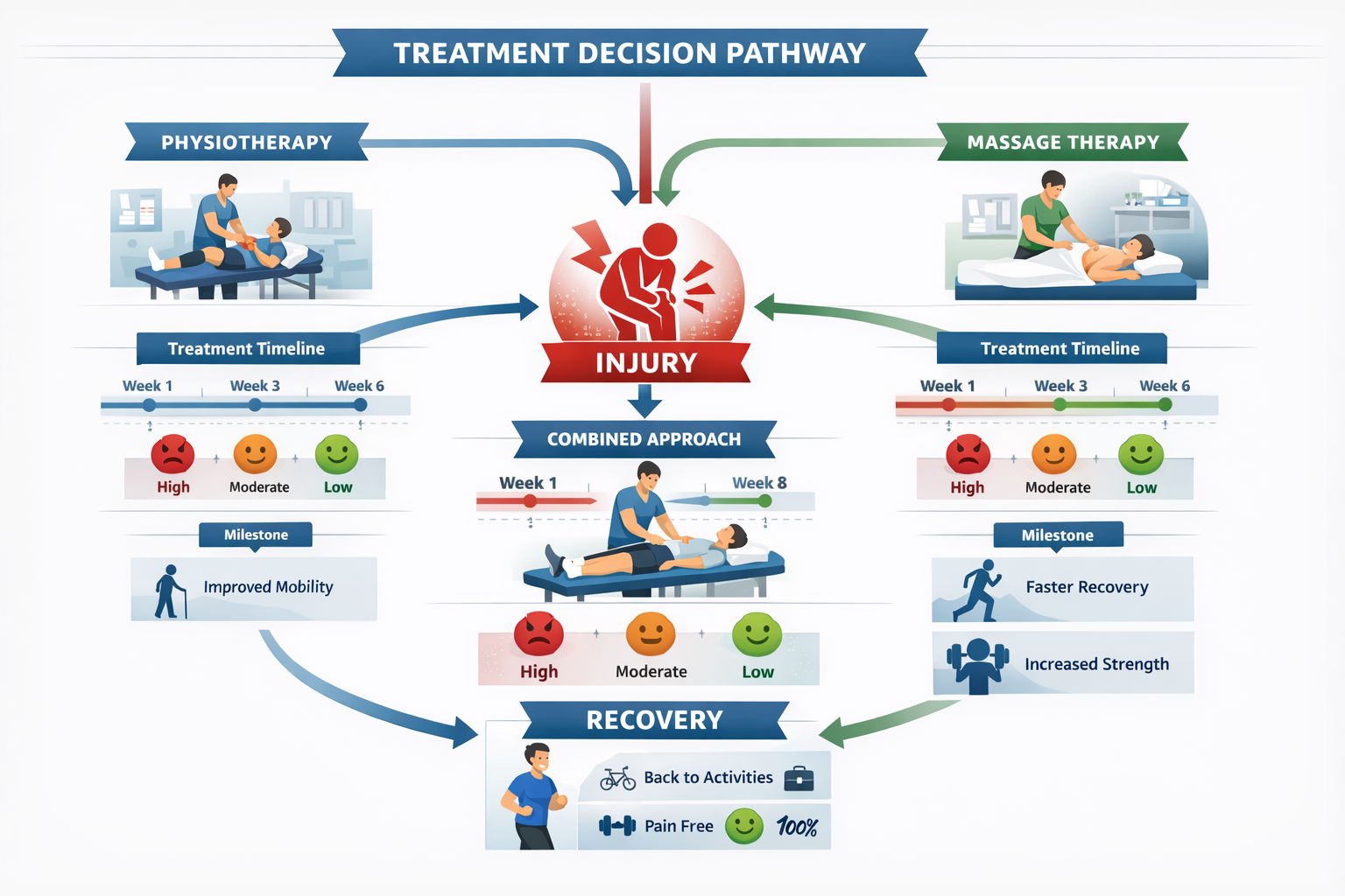 Landscape format (1536x1024) treatment decision flowchart visualization showing patient journey from injury to recovery. Multiple pathways b