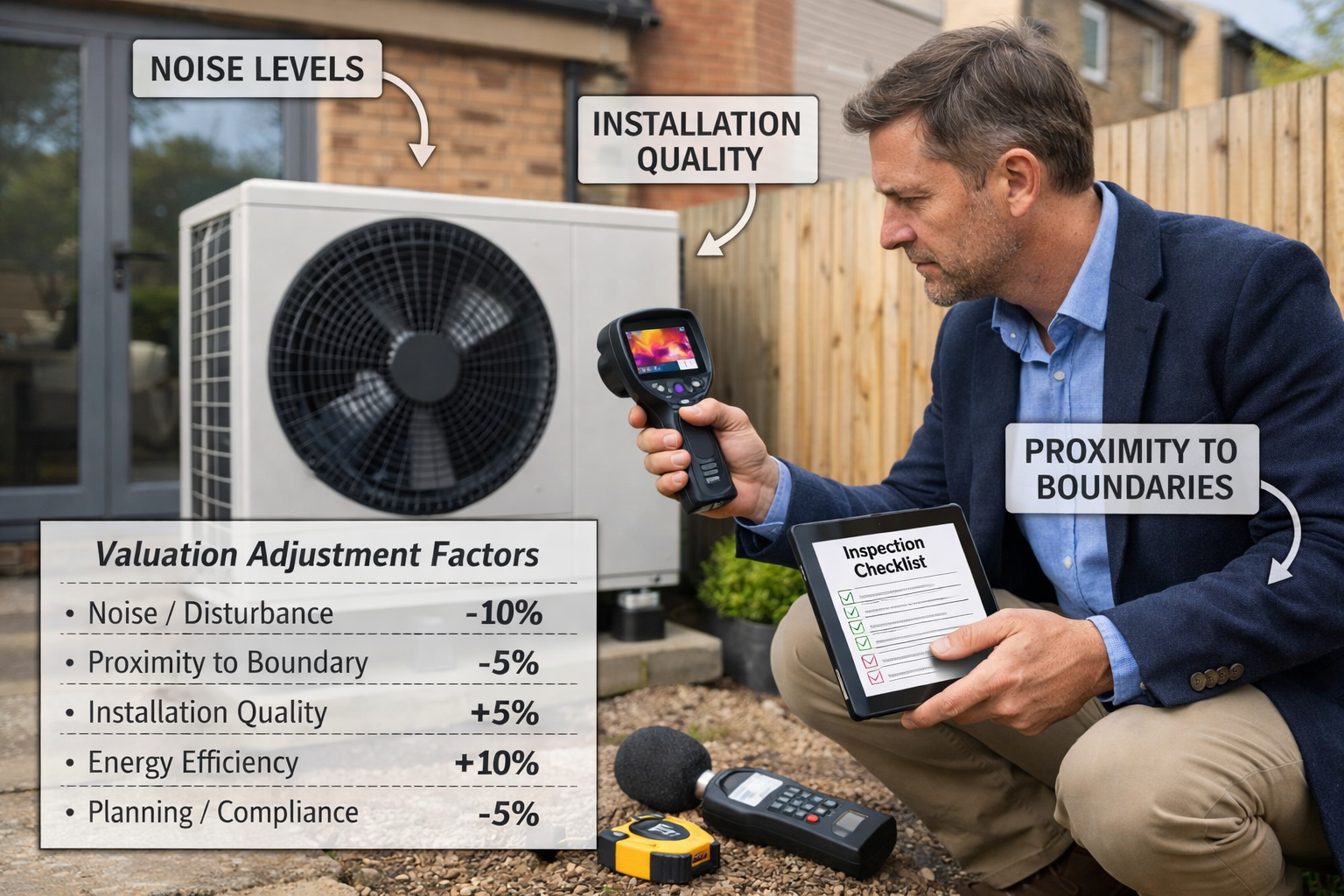 Detailed () image showing close-up of RICS chartered surveyor conducting heat pump risk assessment, measuring tape and sound