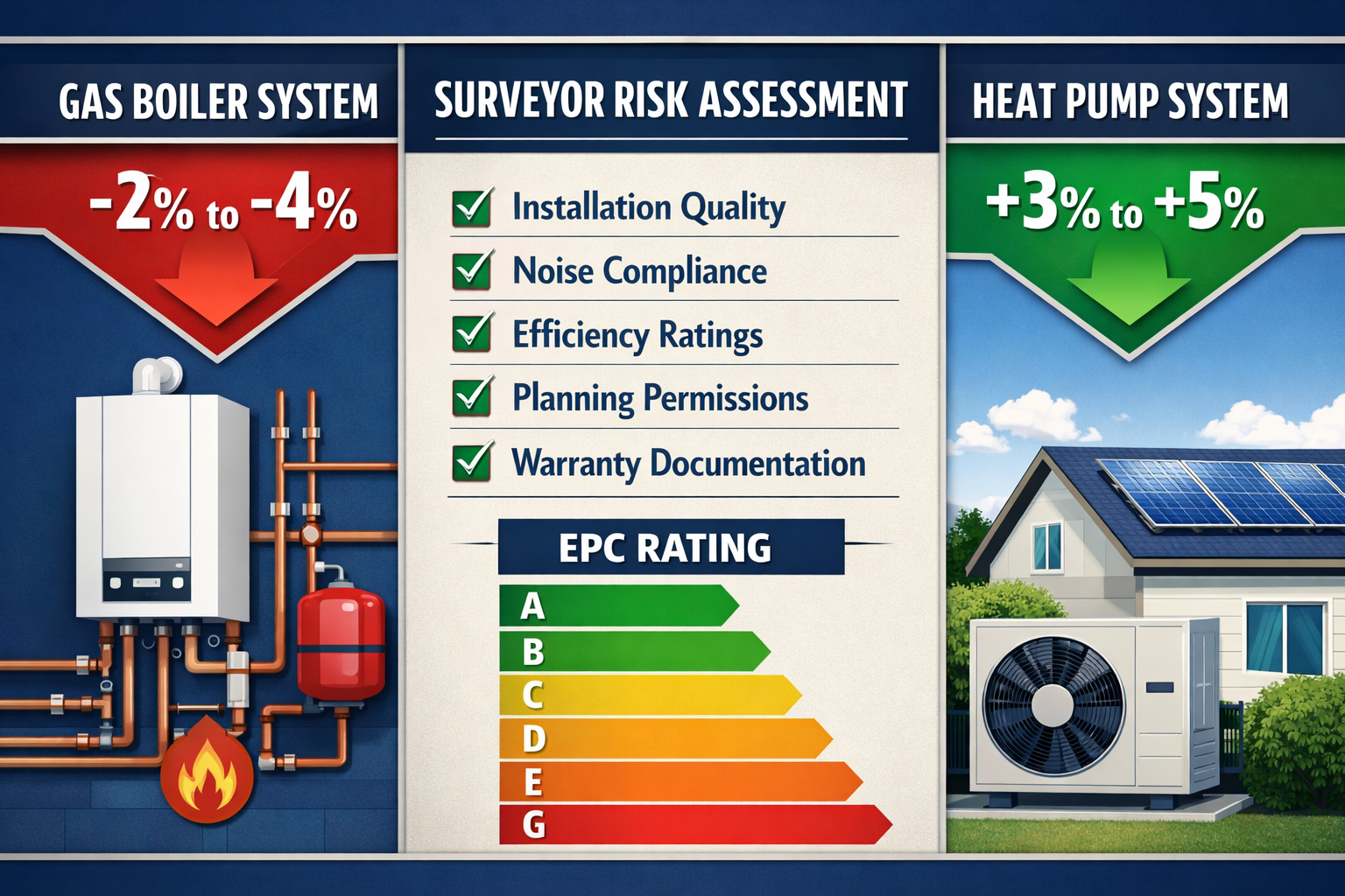 Comprehensive () infographic-style image displaying surveyor risk assessment framework for heat pump installations,