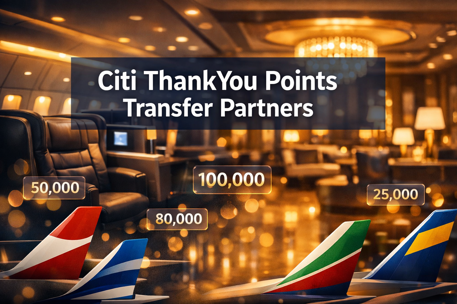 Professional landscape hero image (1536x1024) featuring bold text overlay 'Citi ThankYou Points Transfer Partners' in extra large 70pt white