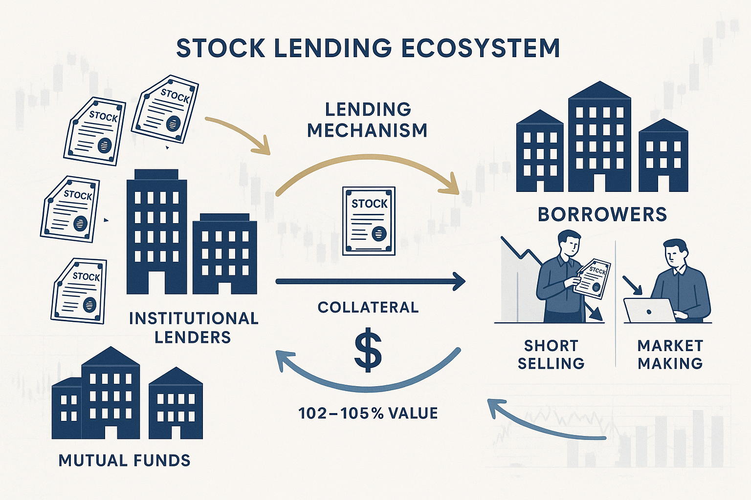 Detailed landscape infographic (1536x1024) illustrating the stock lending ecosystem with three distinct visual zones: left side shows instit