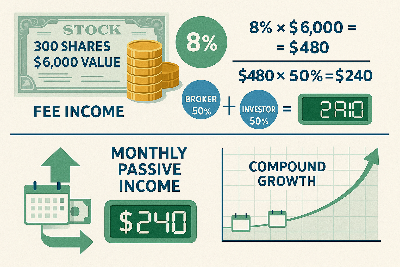 Landscape editorial illustration (1536x1024) showing the income generation mechanism of stock lending with split-screen comparison: top half