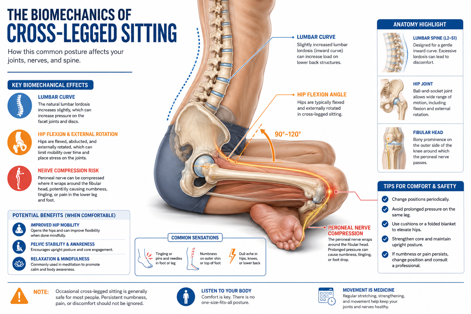 Chair For Sitting Cross Legged Detailed landscape format (1536x1024) infographic showing biomechanics of cross-legged sitting, with anatomical side-view illustration of spine, pelvis, and hip joints in cross-legged posture, labeled callouts for peroneal nerve compression, hip flexion angle, and lumbar curve, clean medical illustration style, white background with blue and orange accents, editorial quality
What Is a Cross Legged Chair and How Does It Work
