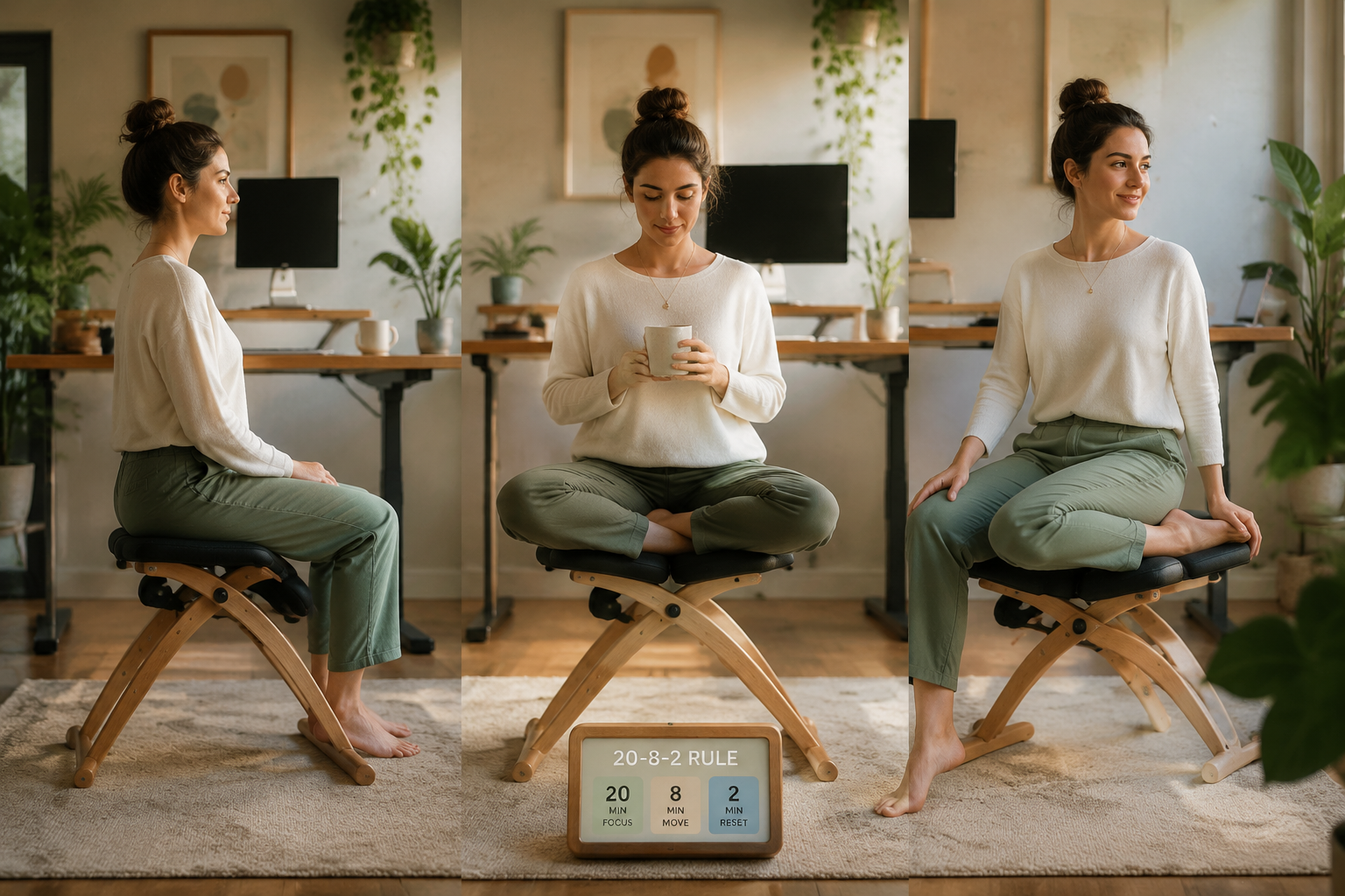 Chair For Sitting Cross Legged Detailed landscape format (1536x1024) lifestyle scene showing a person transitioning between sitting positions on a cross-legged chair: upright, cross-legged, and side-sitting, with a standing desk in background and a small timer showing the 20-8-2 rule, warm office environment, soft natural light, green plants, muted earth tones, editorial quality.
Cross Legged Chair Alternatives for Small Spaces and Meditation